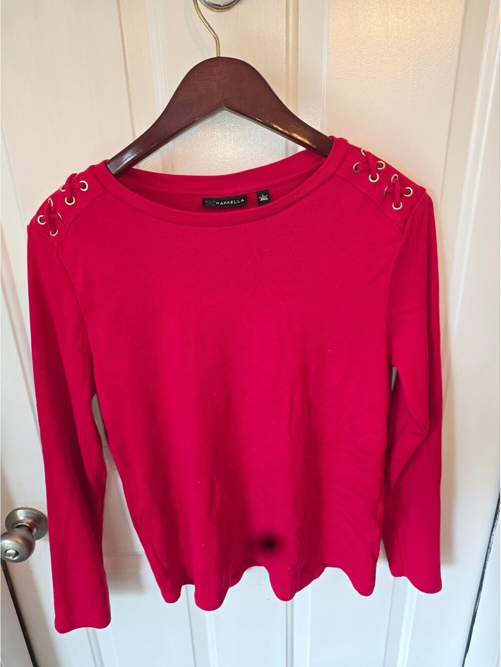 Rafaella Women's Red Long Sleeve Top with Shoulder Lace-Up Detail, Size Large